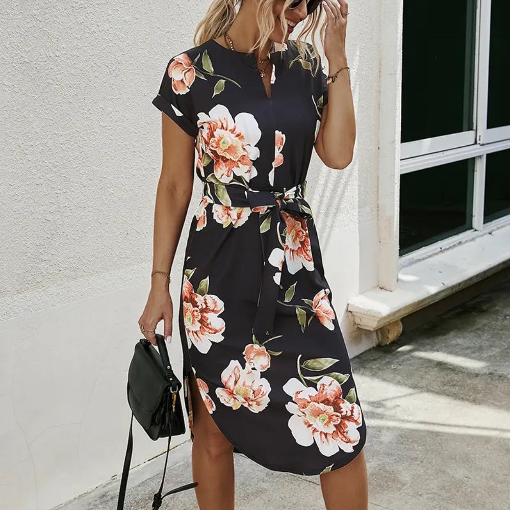 Women Short Sleeve Boat Neck Floral Waist Tie Midi Dress